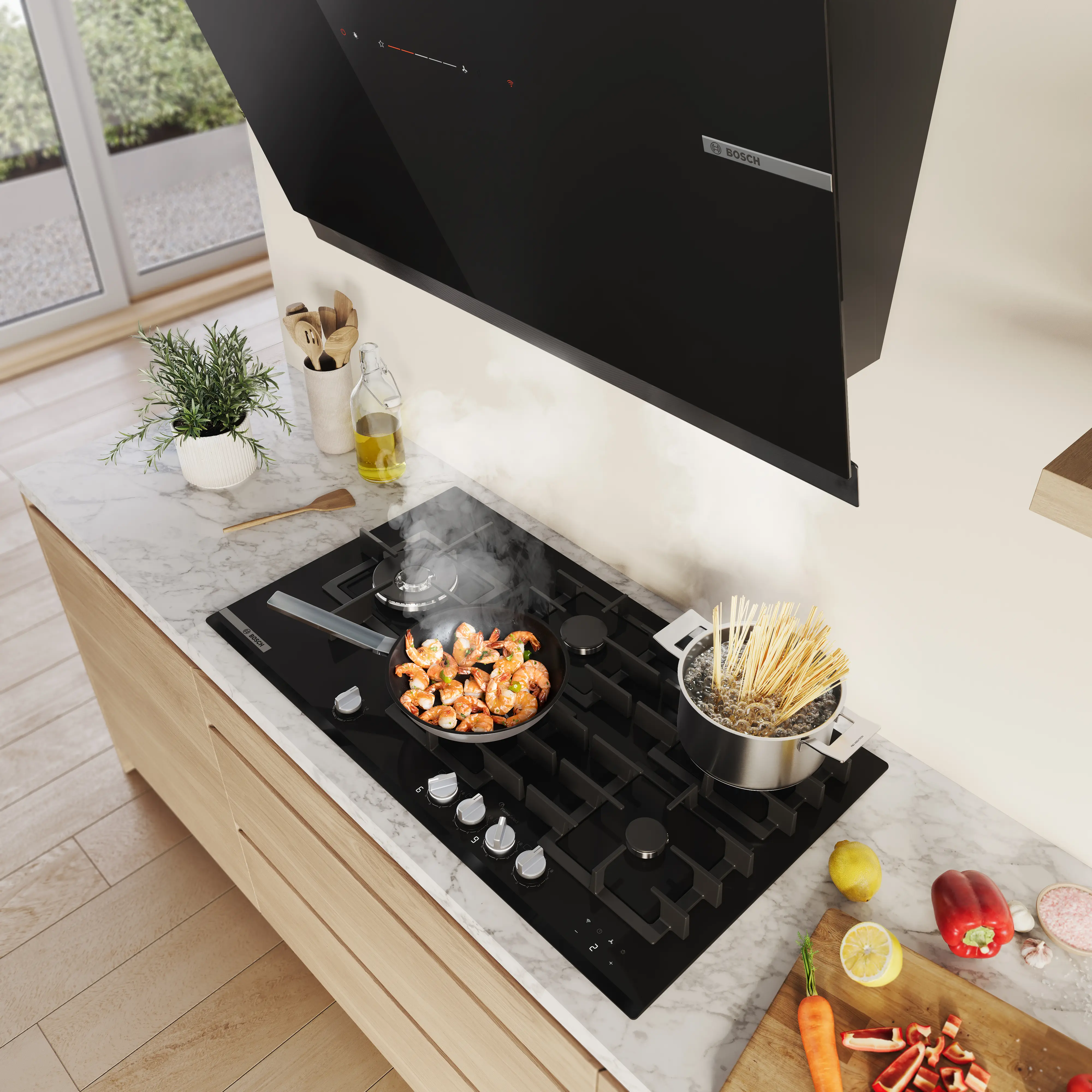 Máy hút mùi thông minh tự động phát hiện khi bạn bắt đầu nấu và tự động kích hoạt quạt của máy hút mùi.