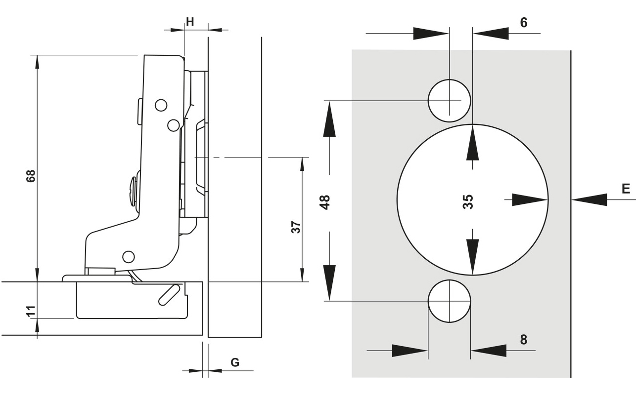 Kích thước lắp đặt | Bản lề giảm chấn INOX SUS304 lắp lọt lòng Metalla SM 110º (DIY) Hafele 315.07.115 Kích thước lắp đặt | Bản lề giảm chấn INOX SUS304 lắp lọt lòng Metalla SM 110º (DIY) Hafele 315.07.115