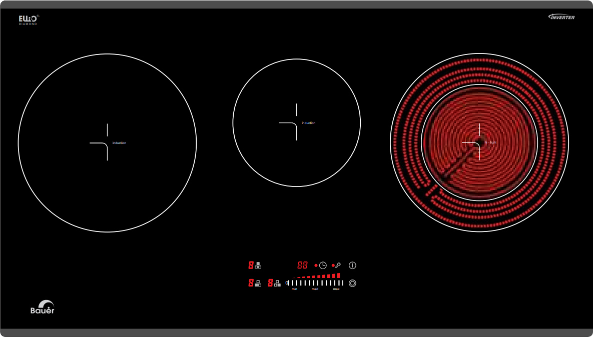 Bếp hỗn hợp điện từ 3 vùng nấu | Bauer BE33SE | 5500W | nhập khẩu nguyên chiếc từ Malaysia Bếp hỗn hợp điện từ 3 vùng nấu | Bauer BE33SE | 5500W | nhập khẩu nguyên chiếc từ Malaysia