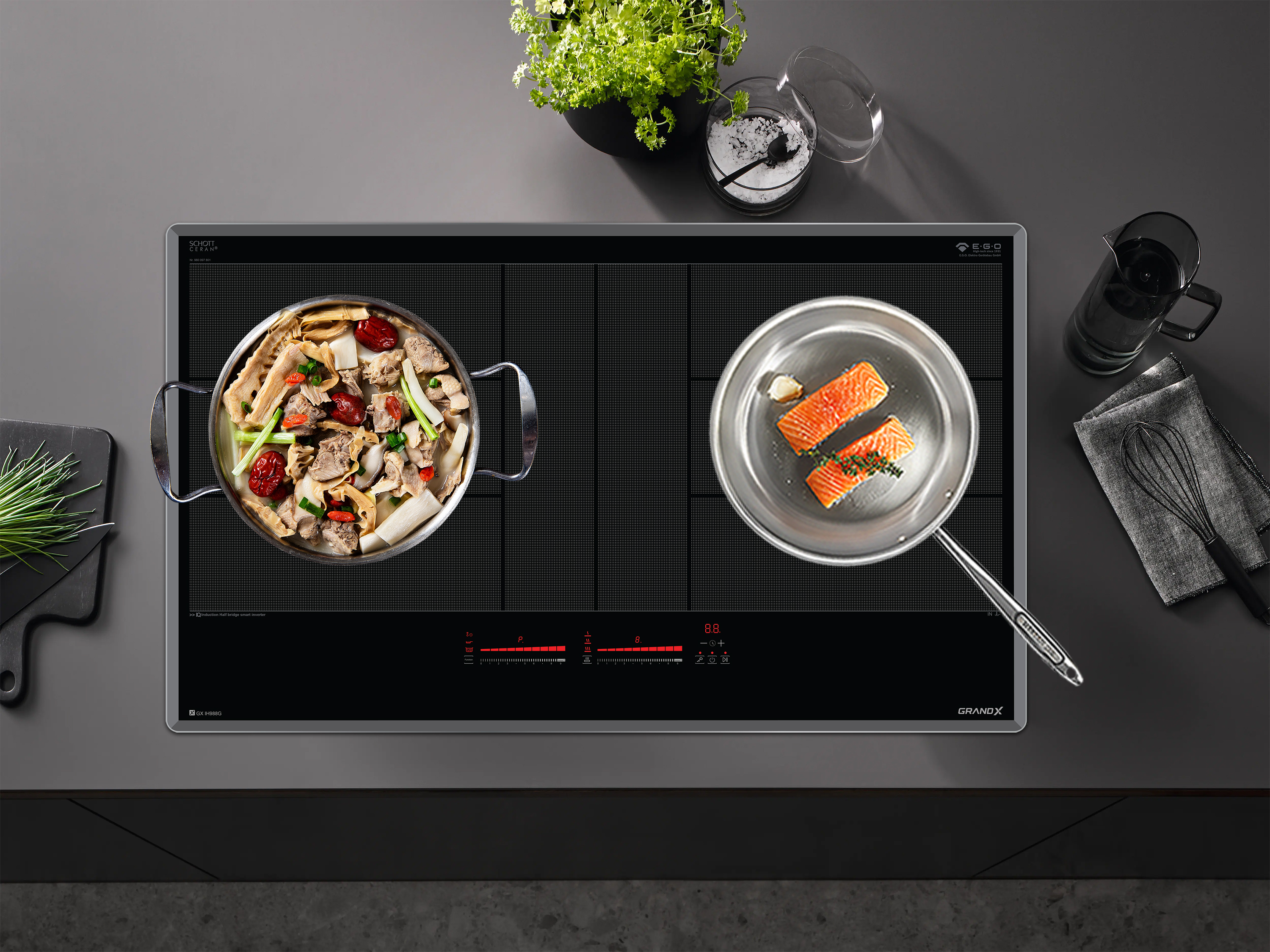 Bếp từ GrandX GX IH988G là một trong những bếp từ đôi ĐẦU TIÊN trên thị trường Việt Nam tích hợp công nghệ Half Bridge Smart INVERTER trên 2 vùng nấu với chế độ nấu Keep Warm. Bếp từ GrandX GX IH988G là một trong những bếp từ đôi ĐẦU TIÊN trên thị trường Việt Nam tích hợp công nghệ Half Bridge Smart INVERTER trên 2 vùng nấu với chế độ nấu Keep Warm.