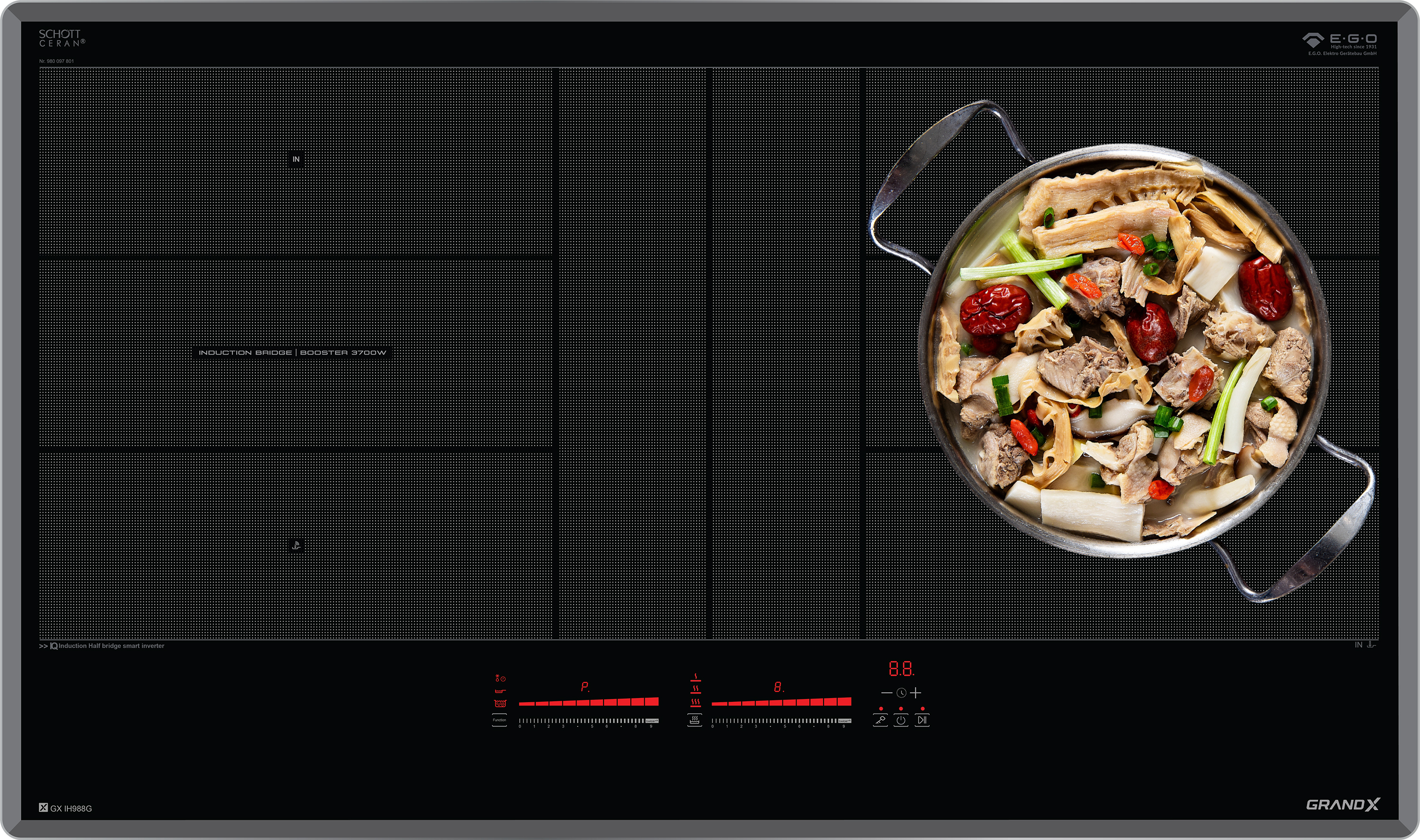Với công nghệ lõi thế hệ mới của EGO GX Platform được áp dụng trên bếp từ GX IH988G có khả năng phản ứng thay đổi công suất theo điều khiển ngay tức thì Với công nghệ lõi thế hệ mới của EGO GX Platform được áp dụng trên bếp từ GX IH988G có khả năng phản ứng thay đổi công suất theo điều khiển ngay tức thì
