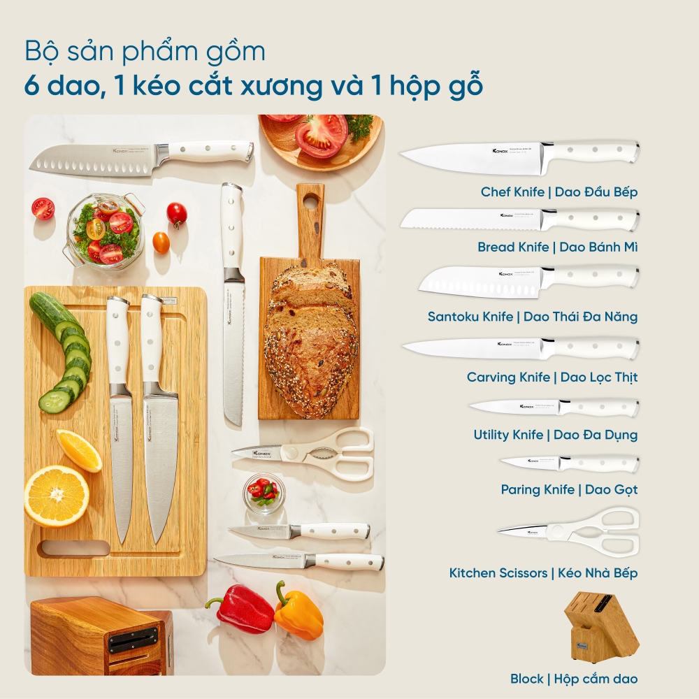 Bộ dao làm bếp cao cấp 7 món | Konox Gouter | Sản phẩm gồm 6 dao, 1 kéo đa năng và 1 hộp gỗ Bộ dao làm bếp cao cấp 7 món | Konox Gouter | Sản phẩm gồm 6 dao, 1 kéo đa năng và 1 hộp gỗ