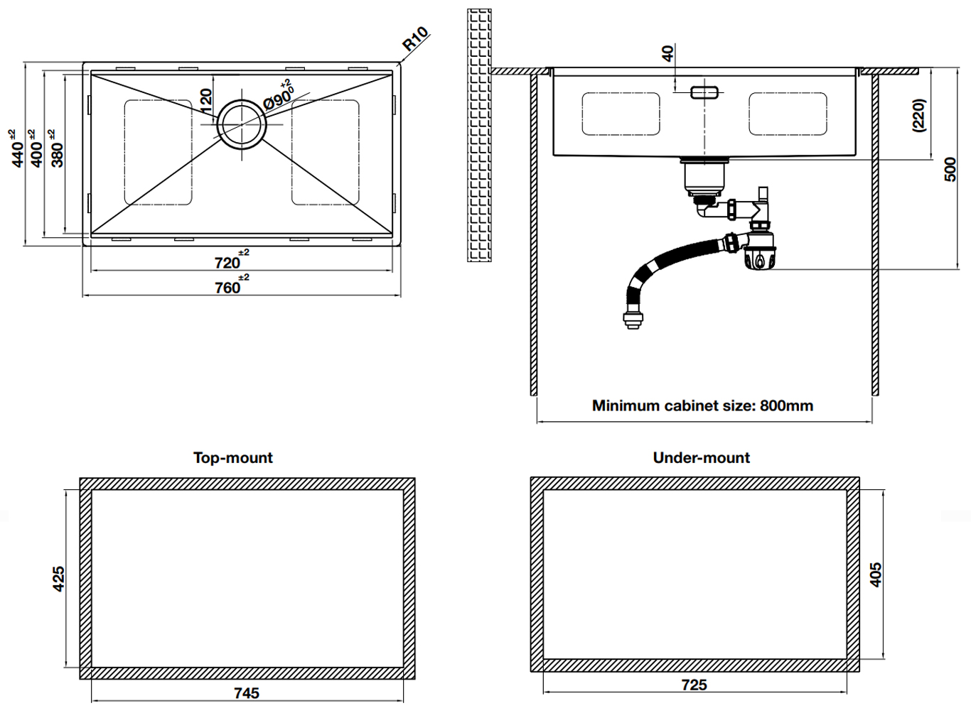 Kích thước lắp đặt sản phẩm | Chậu rửa 1 hố Inox 304 bề mặt vân nổi chống trầy xước Hafele WS R0 HS24-SSN1S-7644 | 567.24.467 Kích thước lắp đặt sản phẩm | Chậu rửa 1 hố Inox 304 bề mặt vân nổi chống trầy xước Hafele WS R0 HS24-SSN1S-7644 | 567.24.467