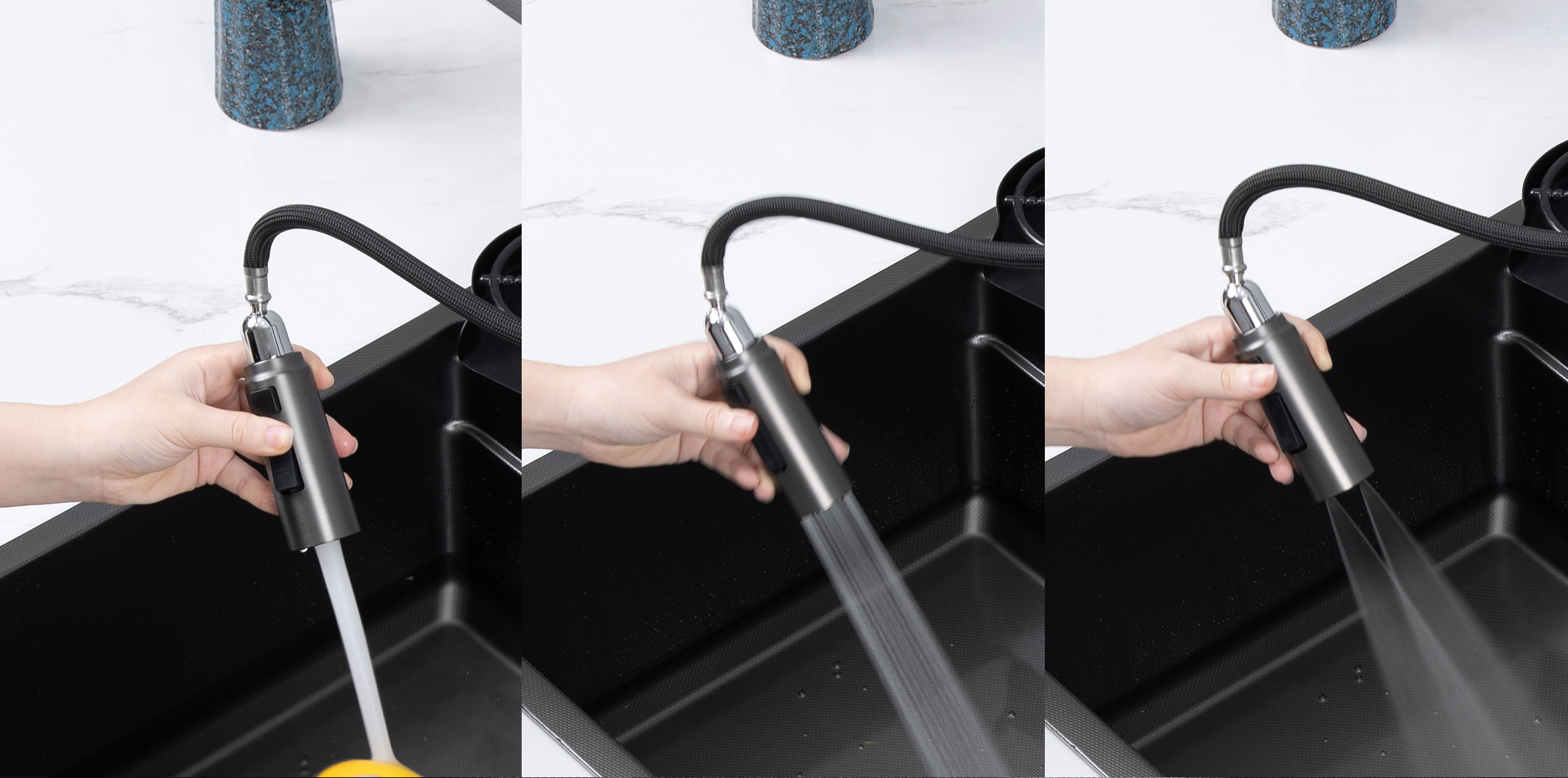 Đi cùng chậu là vòi rửa dây rút nóng lạnh tiện nghi với 03 chế độ xả nước. Sử dụng vòi rửa bát giúp tăng trải nghiệm và hoàn hảo hơn trong không gian bếp. Đi cùng chậu là vòi rửa dây rút nóng lạnh tiện nghi với 03 chế độ xả nước. Sử dụng vòi rửa bát giúp tăng trải nghiệm và hoàn hảo hơn trong không gian bếp.