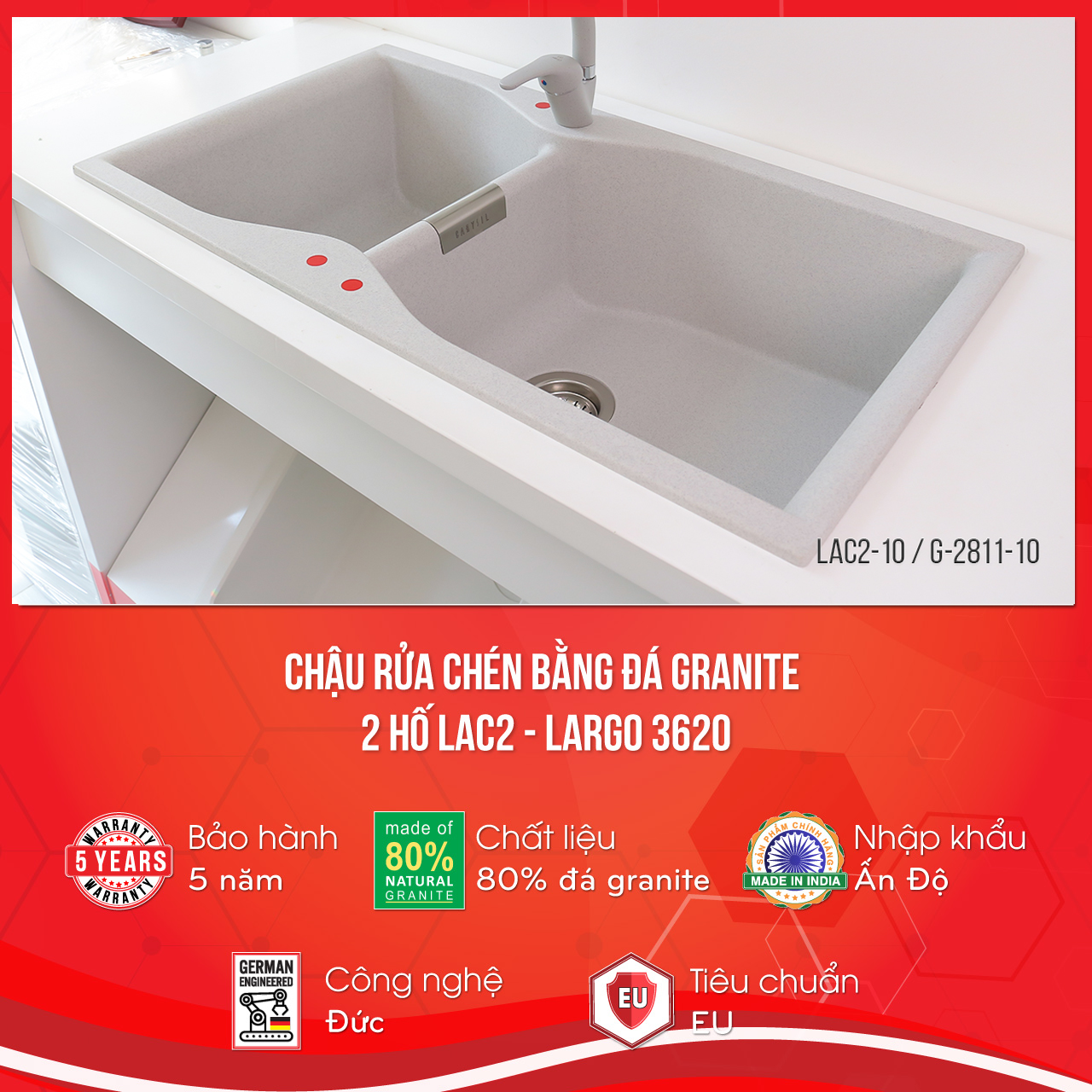 Chậu rửa Carysil LAC2-10 | màu xám tro - Arena | nhập khẩu nguyên chiếc từ Ấn Độ Chậu rửa Carysil LAC2-10 | màu xám tro - Arena | nhập khẩu nguyên chiếc từ Ấn Độ