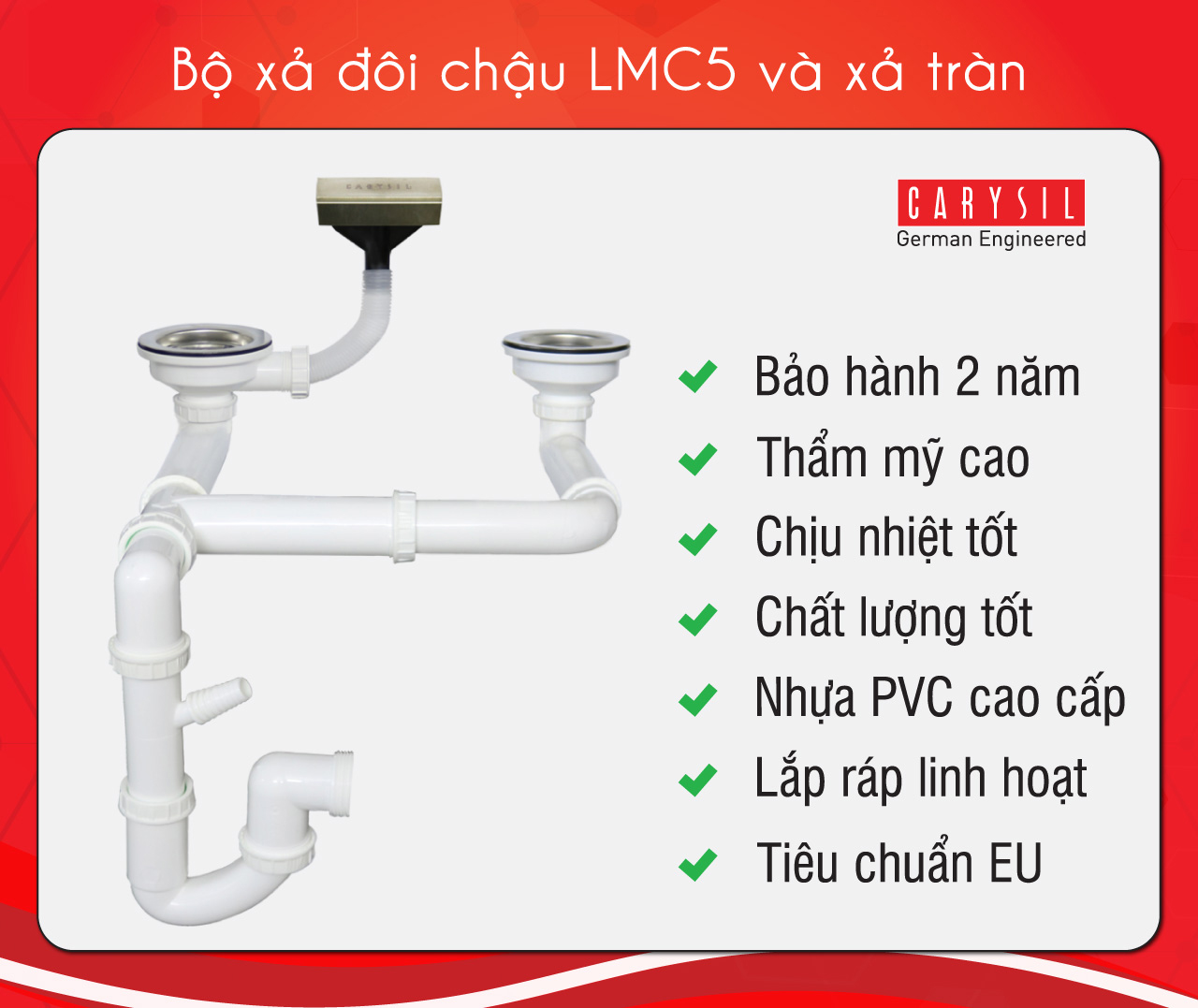 Chậu rửa Carysil LMC5-02 - Xiphong chậu rửa Carysil được sản xuất theo tiêu chuẩn Châu Âu sử dụng các khớp nối và roong liên kết - không dùng keo Chậu rửa Carysil LMC5-02 - Xiphong chậu rửa Carysil được sản xuất theo tiêu chuẩn Châu Âu sử dụng các khớp nối và roong liên kết - không dùng keo