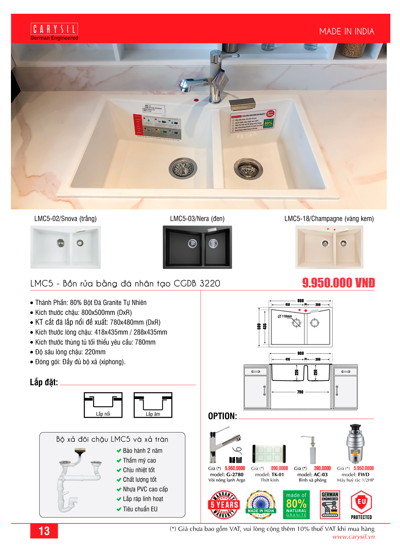 Hình ảnh chi tiết chậu rửa Carysil LMC5-02 Hình ảnh chi tiết chậu rửa Carysil LMC5-02