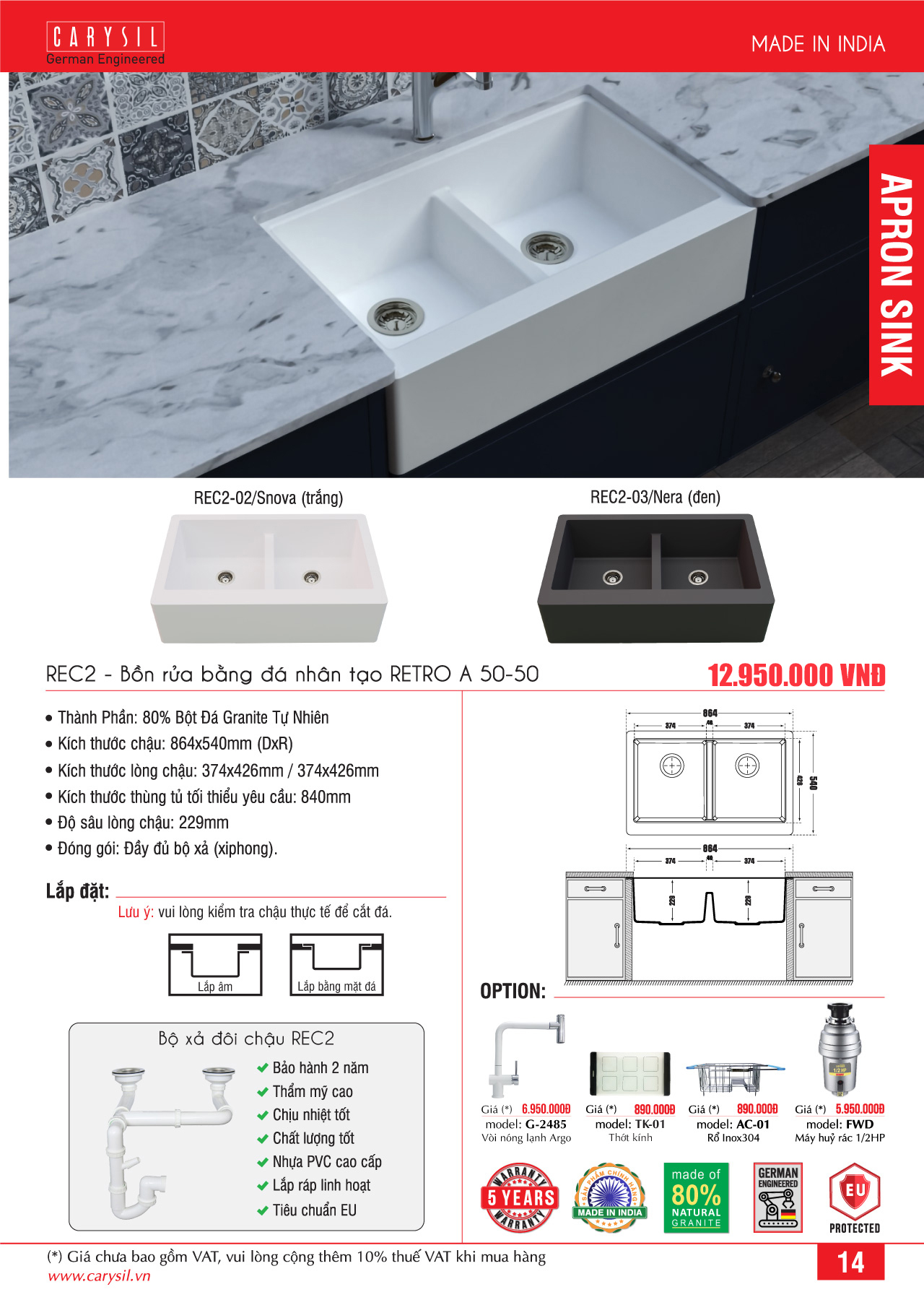Thông tin chi tiết chậu rửa Carysil REC2-02 Thông tin chi tiết chậu rửa Carysil REC2-02