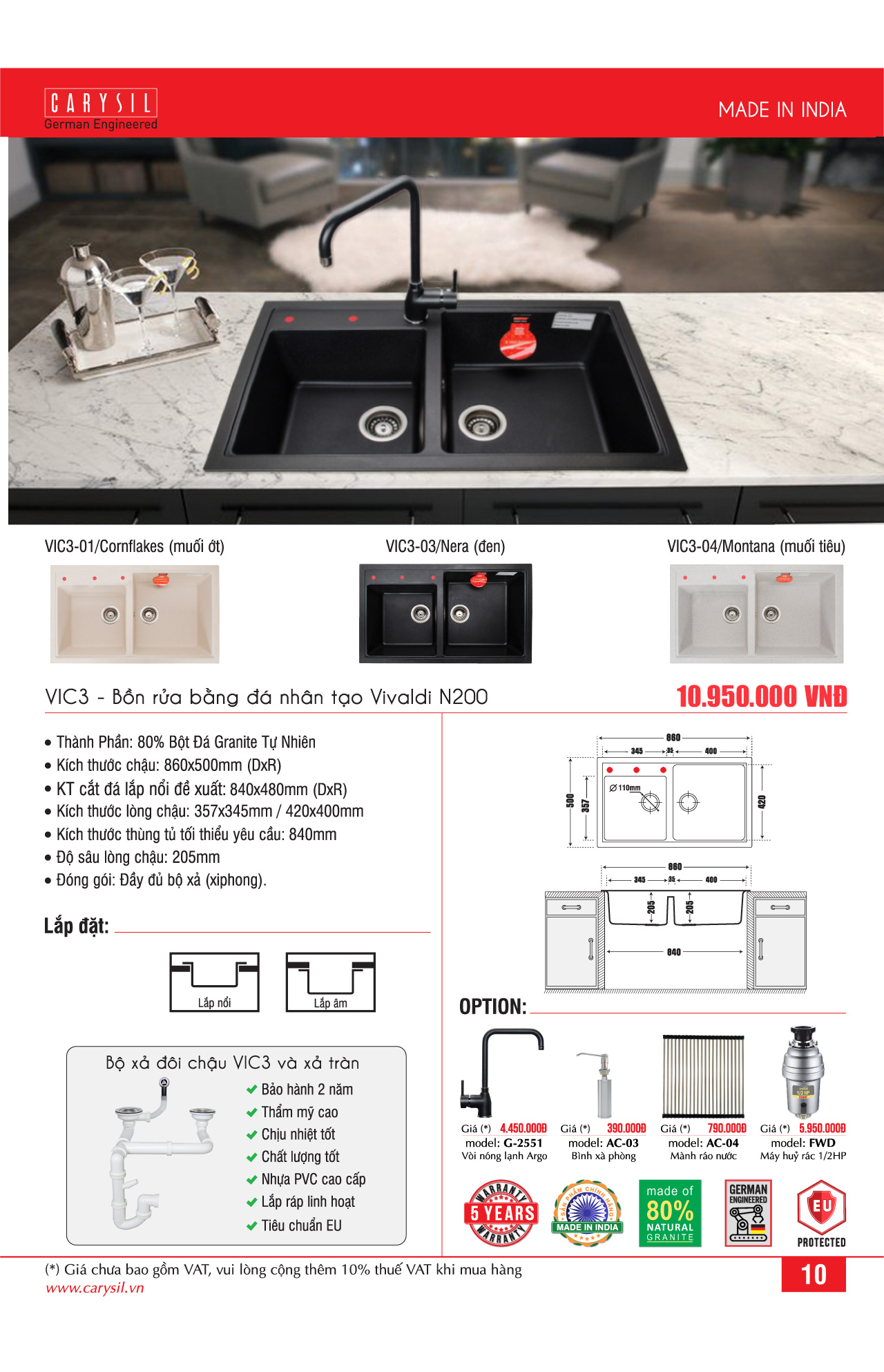 Hình ảnh chi tiết chậu rửa Carysil VIC3-01 Hình ảnh chi tiết chậu rửa Carysil VIC3-01