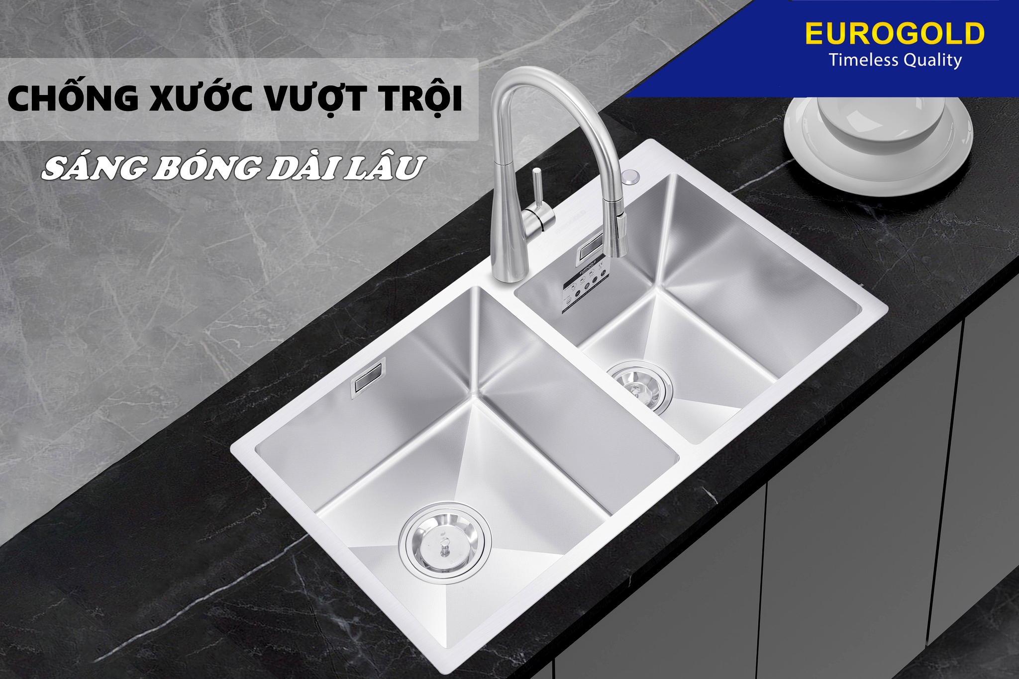 Chậu rửa 2 hố lệch chống xước Inox 304 Eurogold EUC28248GA