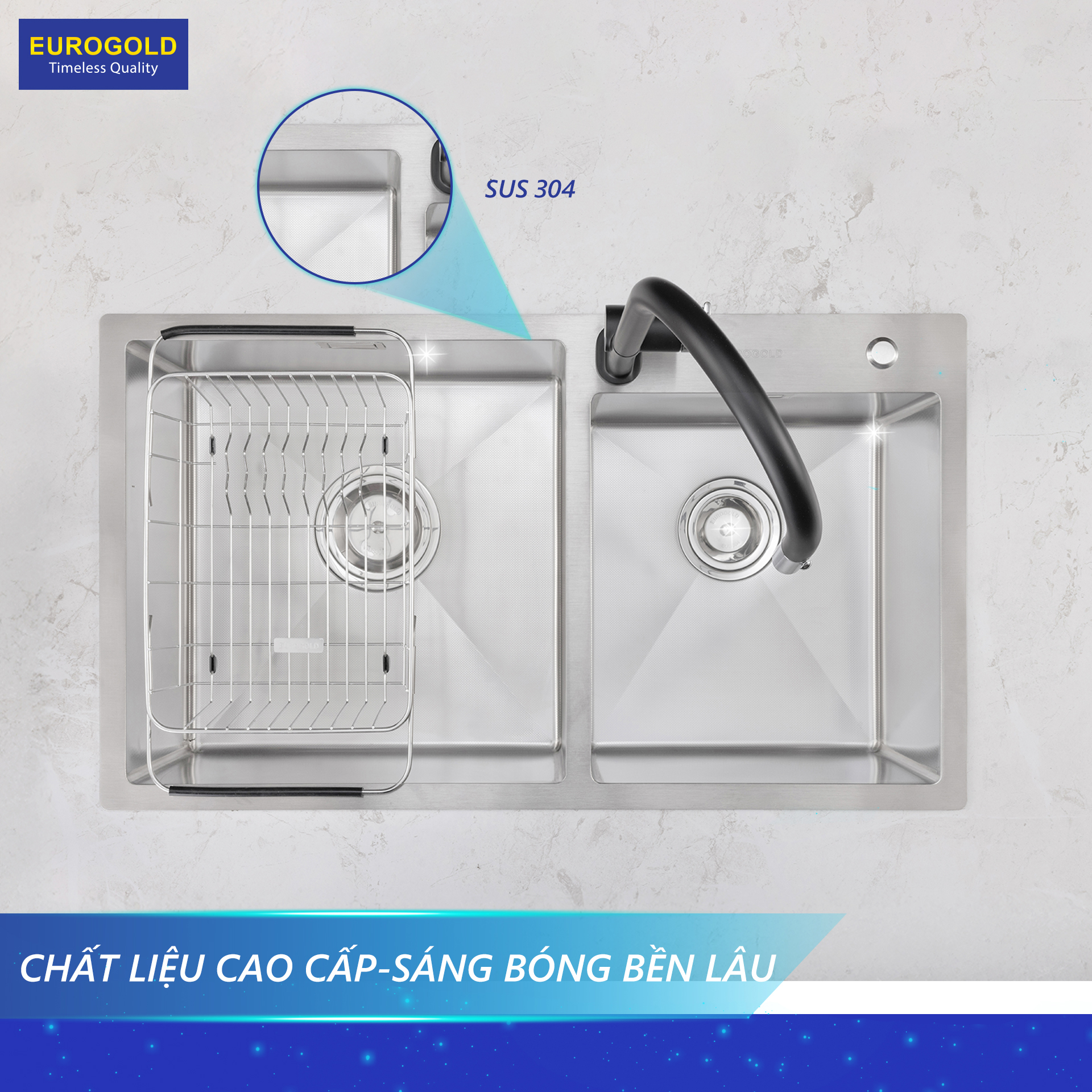Chậu rửa 2 hố lệch cao cấp thế hệ mới | Eurogold EUC28248GA | 82 x 48cm Chậu rửa 2 hố lệch cao cấp thế hệ mới | Eurogold EUC28248GA | 82 x 48cm