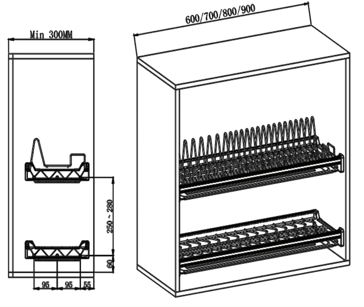 Kích thước lắp đặt | Giá bát đĩa cố định 2 tầng Inox 304 khung nhôm GrandX Kích thước lắp đặt | Giá bát đĩa cố định 2 tầng Inox 304 khung nhôm GrandX