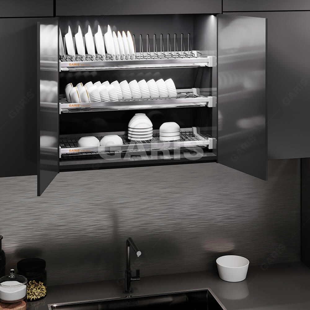 Giá bát đĩa cố định 3 tầng | Garis GB07.90E | Inox 304 | nan tròn bề mặt điện hoá xước mờ | khung hợp kim nhôm | loại tủ 900mm Giá bát đĩa cố định 3 tầng | Garis GB07.90E | Inox 304 | nan tròn bề mặt điện hoá xước mờ | khung hợp kim nhôm | loại tủ 900mm