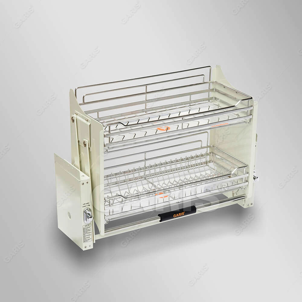 Giá bát đĩa nâng hạ Inox 304 nan dẹt xước mờ Garis GL06.70E được thiết kế 2 tầng thông thoáng, rộng rãi và tiện dụng.