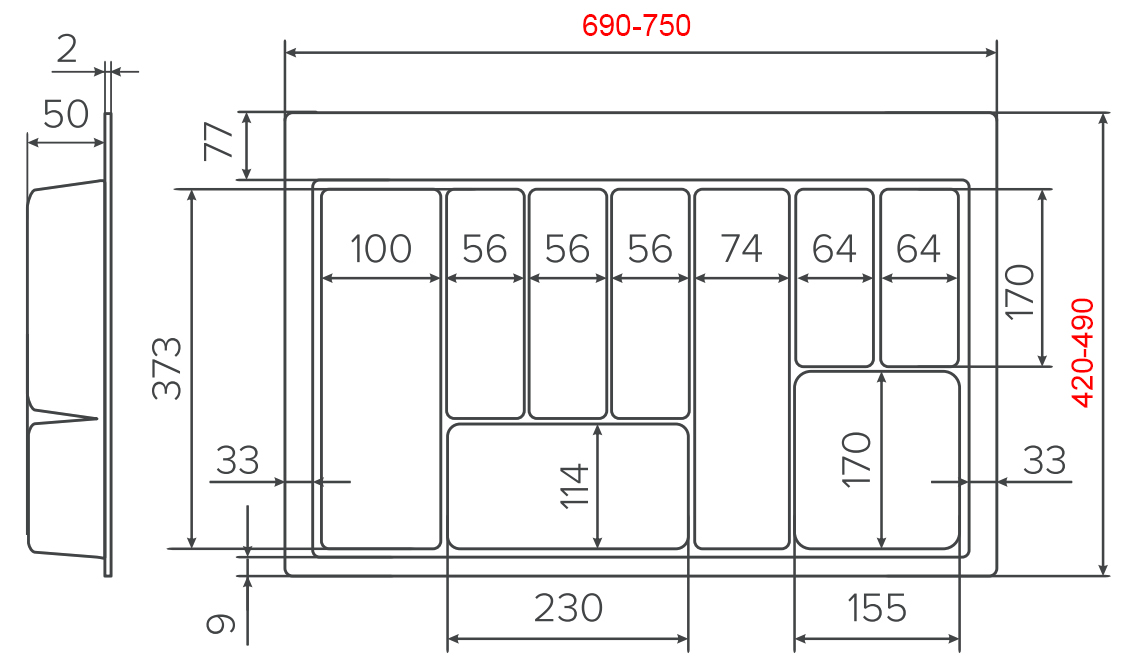 Kích thước sản phẩm | Khay chia thìa dĩa đa năng nhựa PP màu xám 800mm GrandX XT.P800 Kích thước sản phẩm | Khay chia thìa dĩa đa năng nhựa PP màu xám 800mm GrandX XT.P800