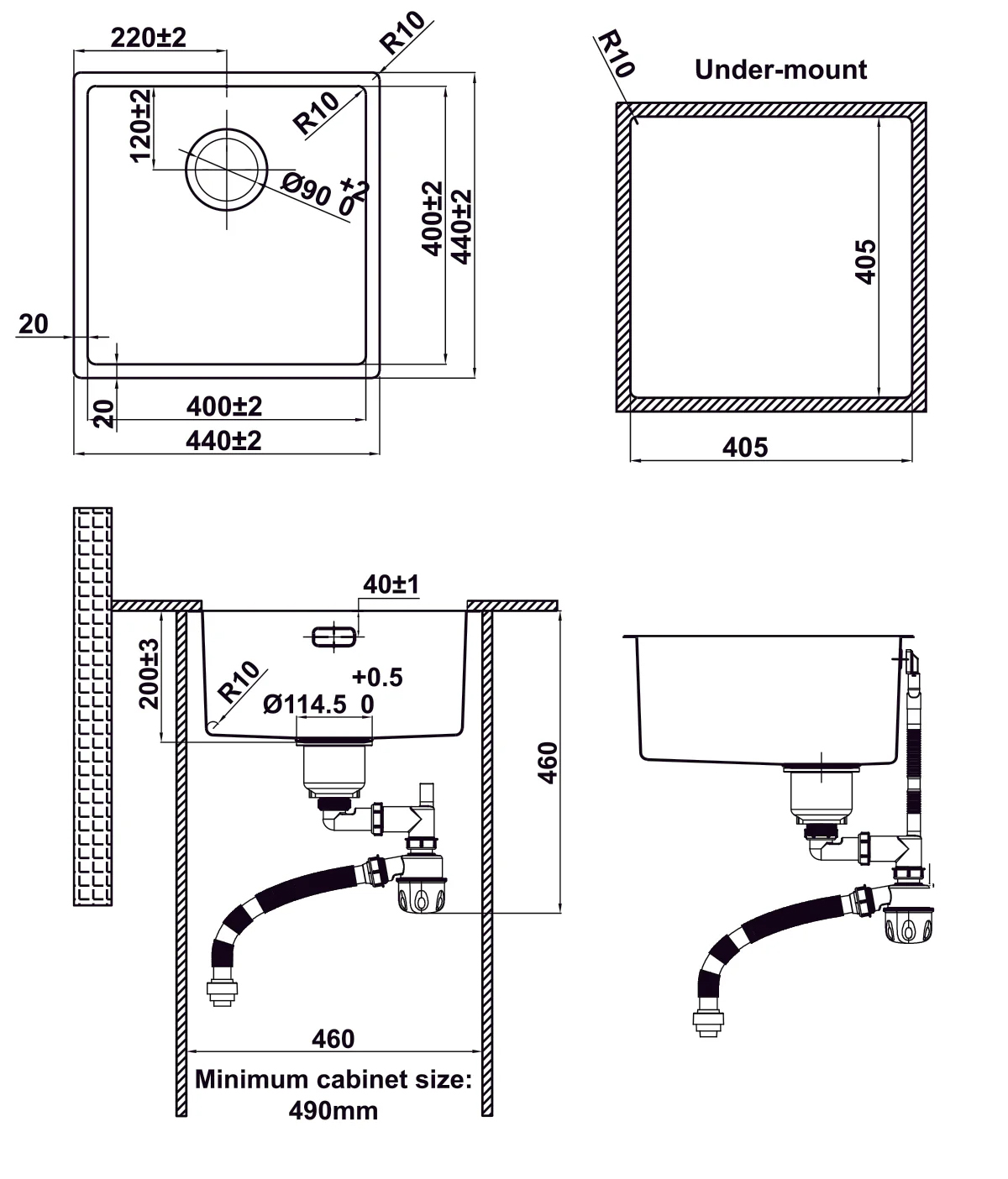 Kích thước lắp đặt sản phẩm | Chậu rửa 1 hố Inox 304 Hafele Satin R10 HS24-SSN1S-440 | 567.24.447 Kích thước lắp đặt sản phẩm | Chậu rửa 1 hố Inox 304 Hafele Satin R10 HS24-SSN1S-440 | 567.24.447