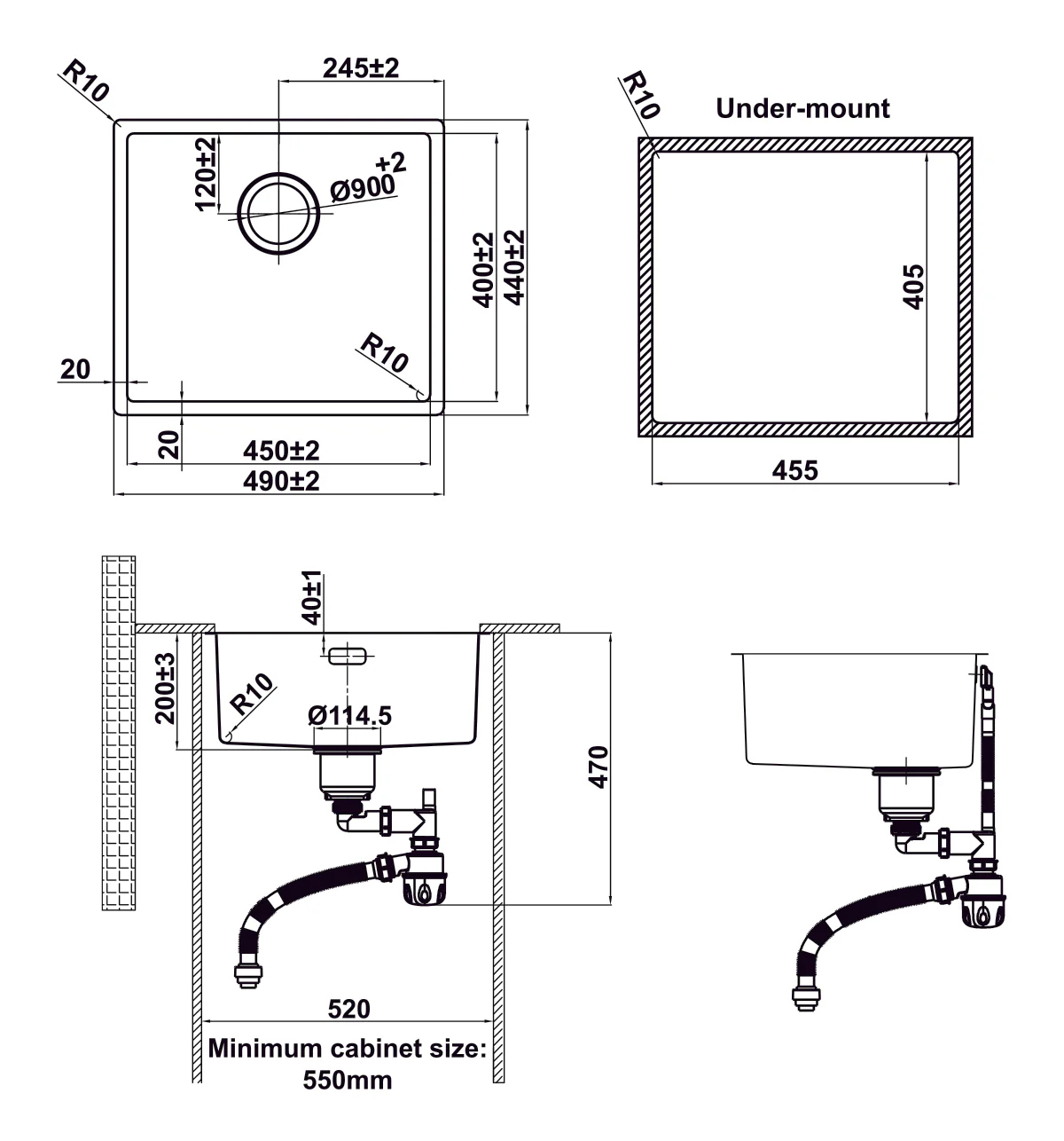 Kích thước lắp đặt sản phẩm | Chậu rửa 1 hố Inox 304 Hafele Satin R10 HS24-SSN1S-490 | 567.24.417 Kích thước lắp đặt sản phẩm | Chậu rửa 1 hố Inox 304 Hafele Satin R10 HS24-SSN1S-490 | 567.24.417