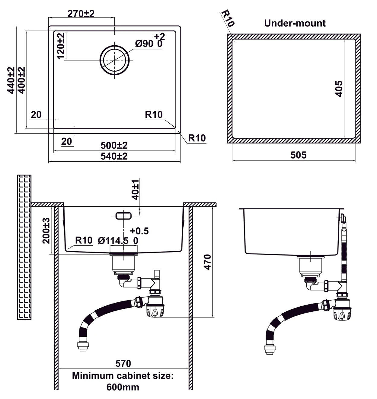 Kích thước lắp đặt sản phẩm | Chậu rửa 1 hố Inox 304 Hafele Satin R10 HS24-SSN1S-540 | 567.24.457 Kích thước lắp đặt sản phẩm | Chậu rửa 1 hố Inox 304 Hafele Satin R10 HS24-SSN1S-540 | 567.24.457