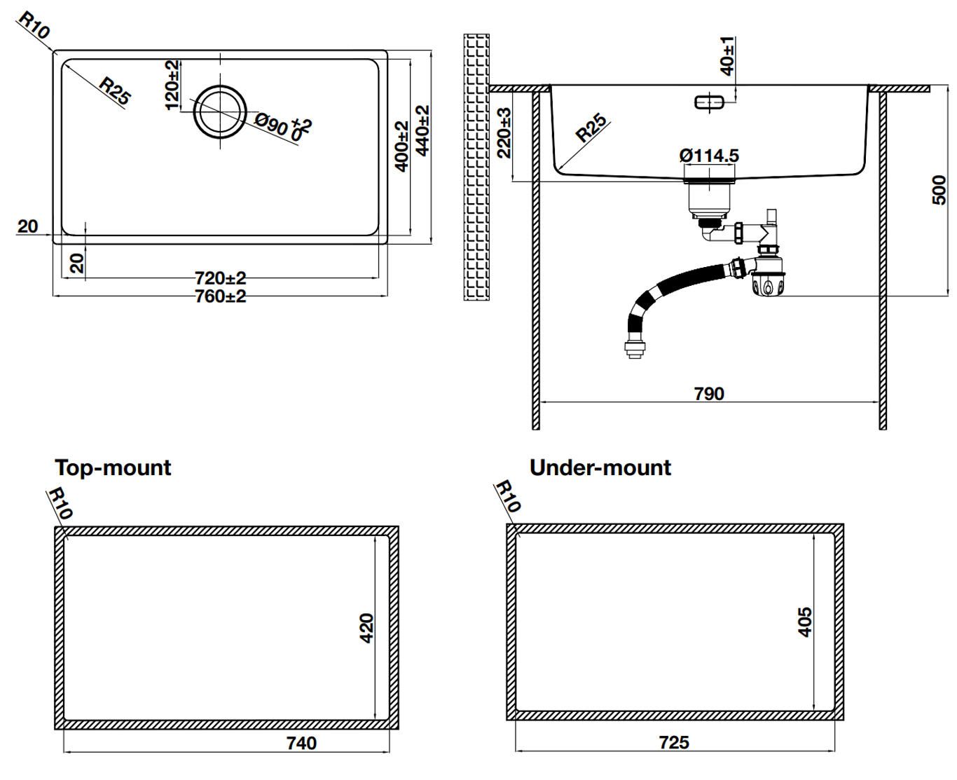 Kích thước lắp đặt sản phẩm | Chậu rửa 1 hố Inox 304 phủ Nano PVD màu Đen (Matt Black) Hafele R25 HS25-SSN1S-760 | 567.24.483 Kích thước lắp đặt sản phẩm | Chậu rửa 1 hố Inox 304 phủ Nano PVD màu Đen (Matt Black) Hafele R25 HS25-SSN1S-760 | 567.24.483