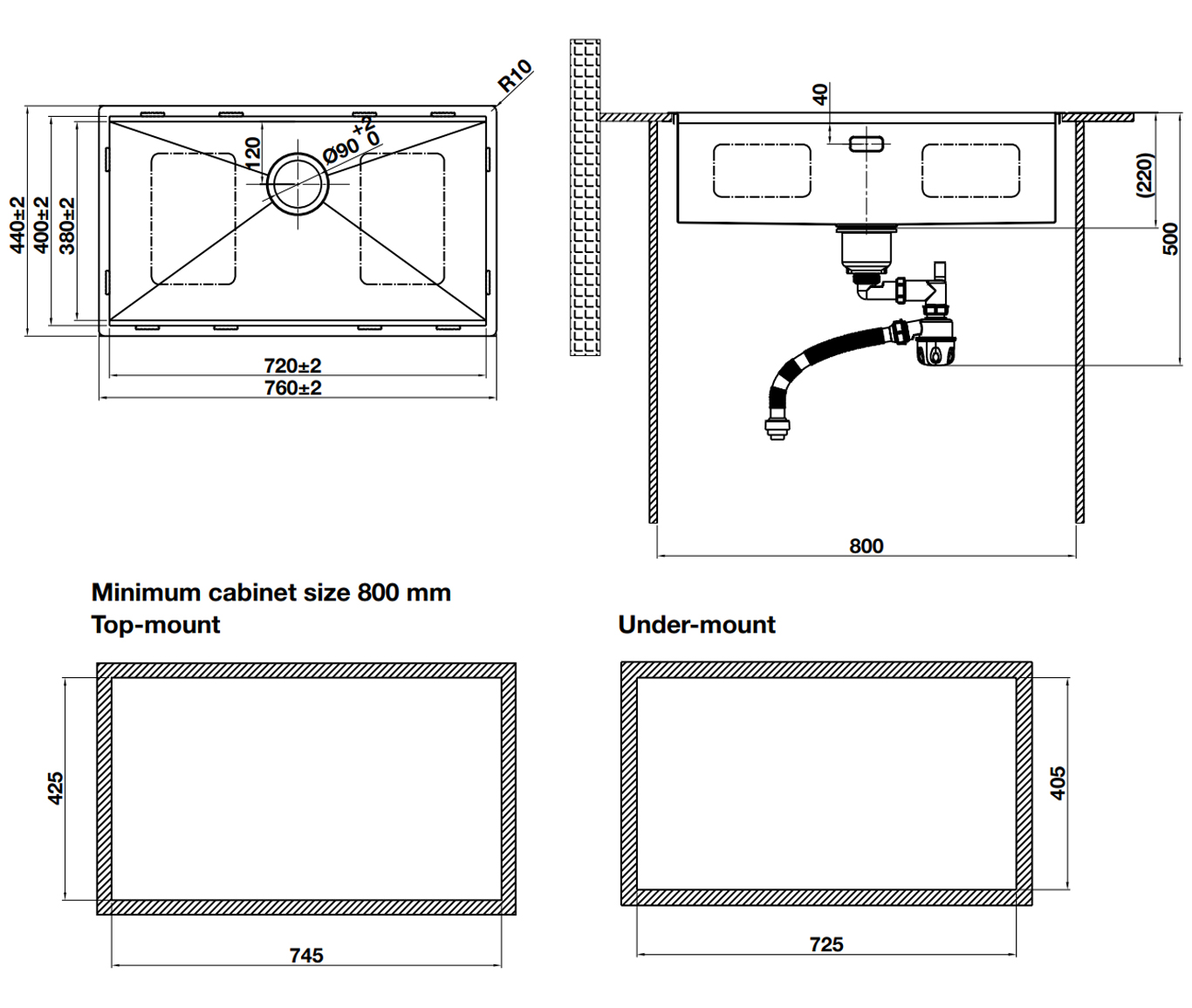 Kích thước lắp đặt sản phẩm | Chậu rửa 1 hố Inox 304 phủ Nano PVD màu Titan (Gun Metal) Hafele WS R10 HS25-SSN1S-7644 | 567.24.486 Kích thước lắp đặt sản phẩm | Chậu rửa 1 hố Inox 304 phủ Nano PVD màu Titan (Gun Metal) Hafele WS R10 HS25-SSN1S-7644 | 567.24.486