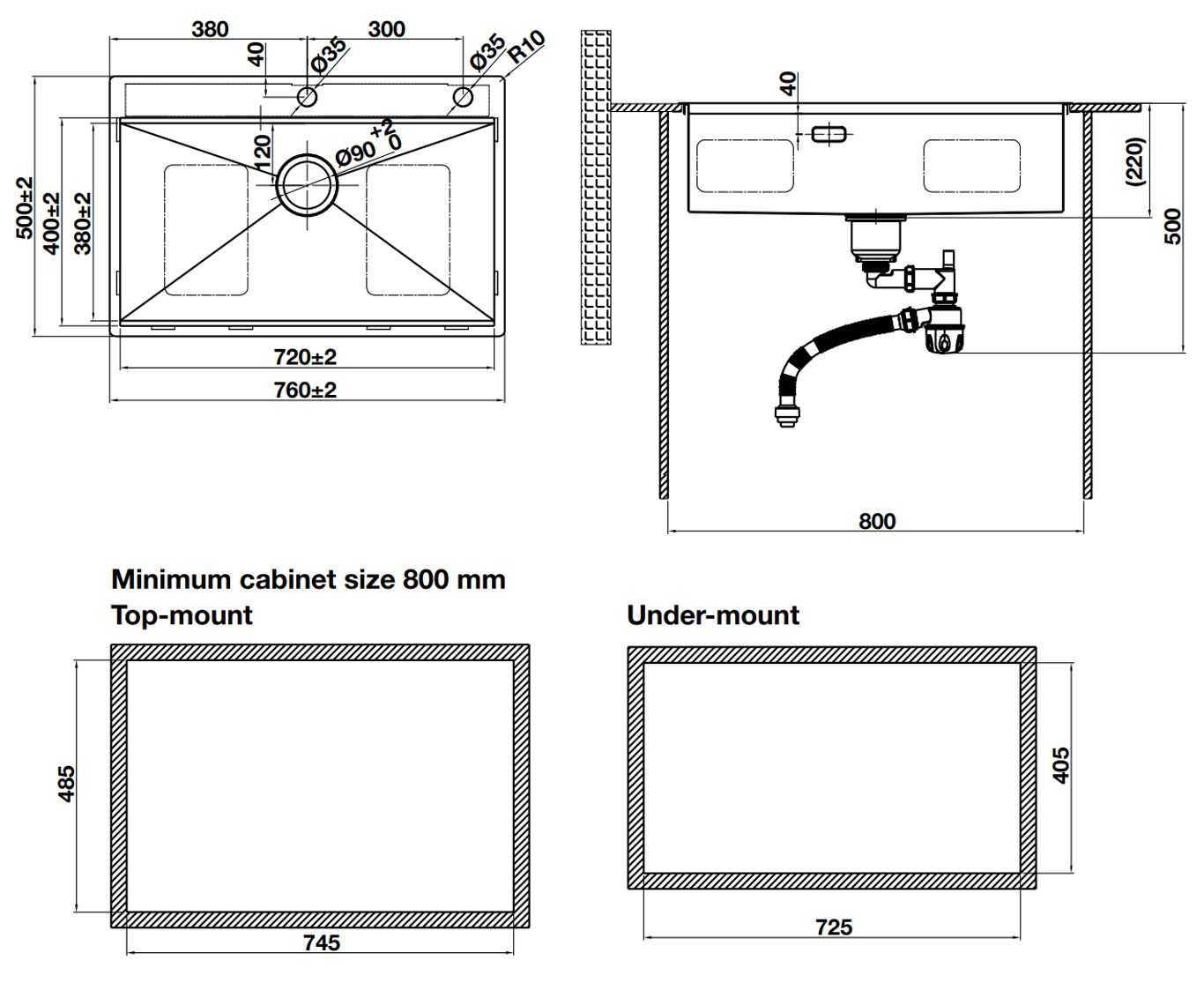 Kích thước lắp đặt sản phẩm | Chậu rửa 1 hố Inox 304 phủ Nano PVD màu Đen (Matt Black) Hafele WS R10 HS25-SSN1S-7650 | 567.24.485 Kích thước lắp đặt sản phẩm | Chậu rửa 1 hố Inox 304 phủ Nano PVD màu Đen (Matt Black) Hafele WS R10 HS25-SSN1S-7650 | 567.24.485