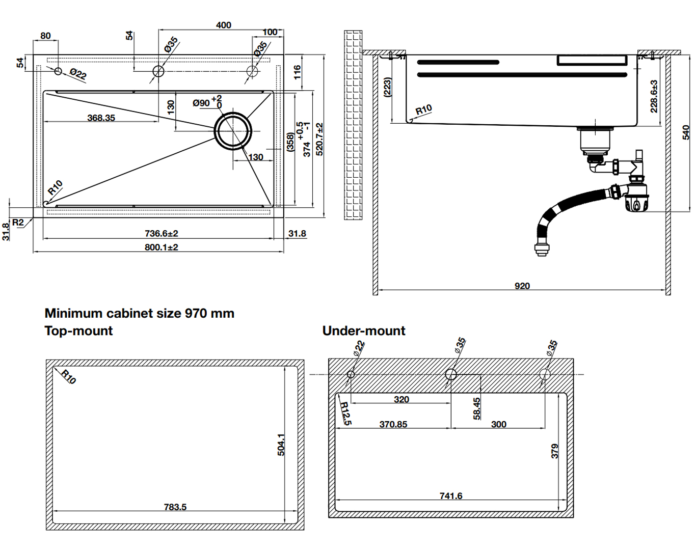 Kích thước lắp đặt sản phẩm | Chậu rửa thác nước 1 hố Inox 304 phủ Nano PVD màu Đen (Matt Black) Hafele WF R10 HS25-SSN1S-8052 | 567.24.489 Kích thước lắp đặt sản phẩm | Chậu rửa thác nước 1 hố Inox 304 phủ Nano PVD màu Đen (Matt Black) Hafele WF R10 HS25-SSN1S-8052 | 567.24.489