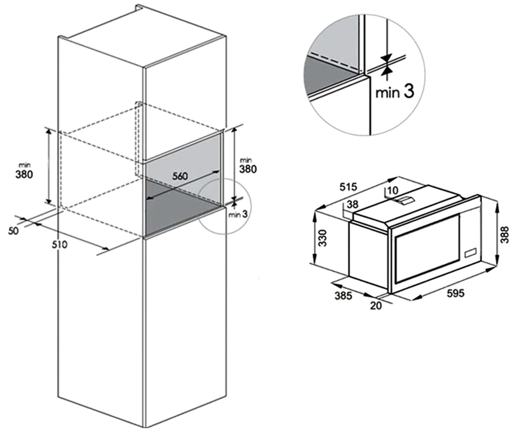Lò vi sóng Fandi FD-BMW27 | Kích thước lắp đặt sản phẩm Lò vi sóng Fandi FD-BMW27 | Kích thước lắp đặt sản phẩm