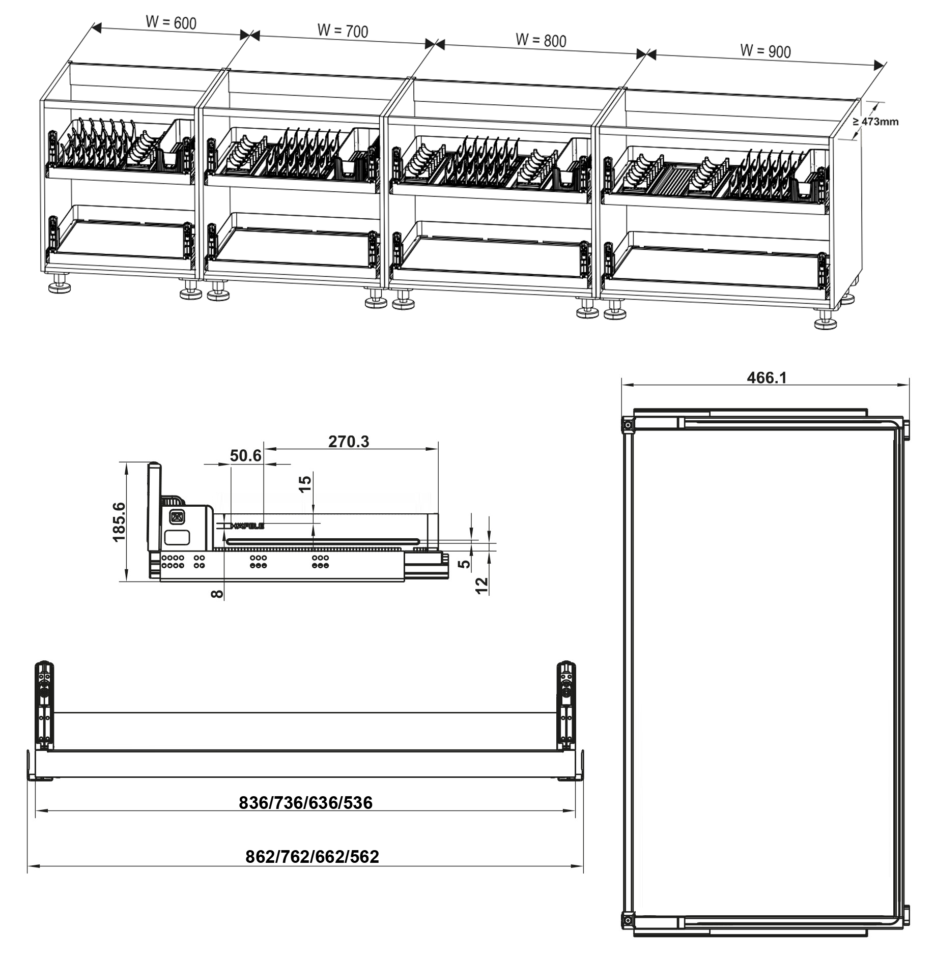 Kích thước lắp đặt sản phẩm | Rổ kéo dưới cho xoong nồi thép màu than chì Hafele Utensio Plus H2 Kích thước lắp đặt sản phẩm | Rổ kéo dưới cho xoong nồi thép màu than chì Hafele Utensio Plus H2