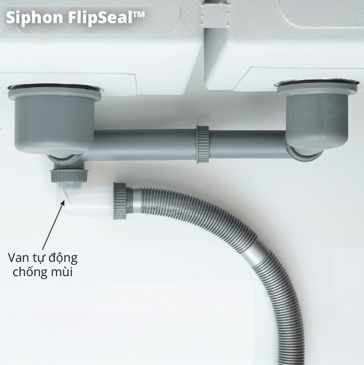Siphon FlipSeal™ cải tiến thế hệ mới được tích hợp trên chậu rửa bát Garis GS11.75 được thiết kế ống dẫn dạng lắp lật thông minh giúp khoá mùi triệt để