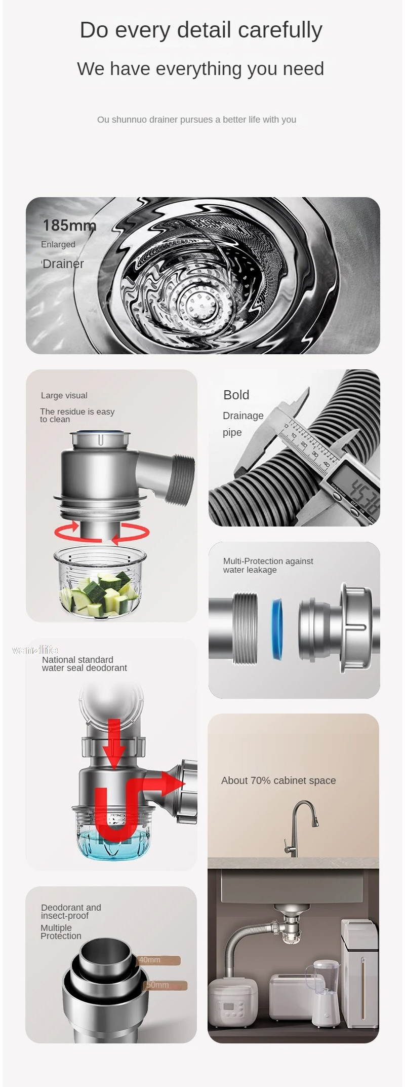 Với cấu tạo ngăn mùi, ngăn nước trào ngược, chống côn trùng, siphon chậu rửa Gento GT04-8250 Deluxe giữ cho không gian bếp luôn thông thoáng và sạch sẽ.