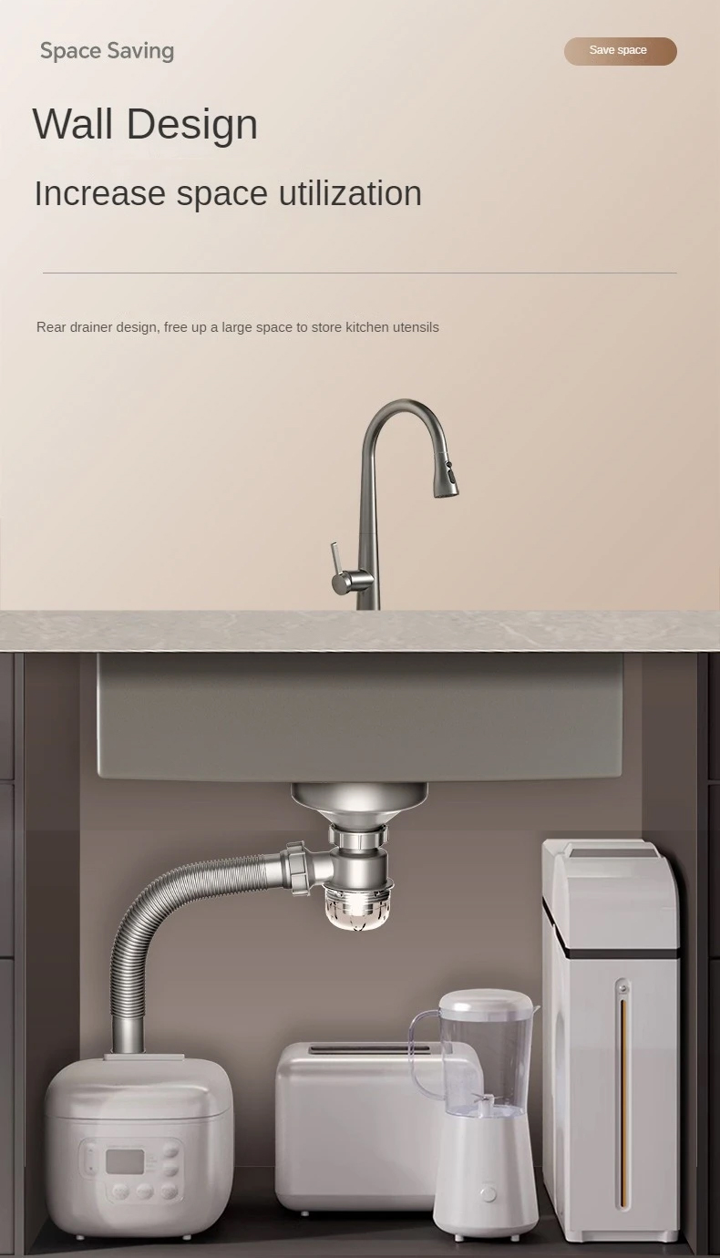 Siphon SLIM thế hệ mới của chậu rửa bát Gento GT04-8250 Deluxe giúp giảm chiều cao của ống thoát nước so với ống uốn cong truyền thống, từ đó tiết kiệm không gian trong khoang tủ bếp.