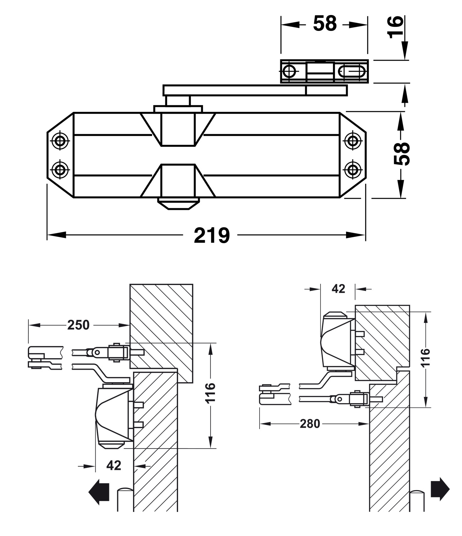 Kích thước sản phẩm | Thiết bị đóng cửa tự động lắp nổi DCL110 60kg có chức năng giữ cửa màu bạc Hafele 931.84.239 Kích thước sản phẩm | Thiết bị đóng cửa tự động lắp nổi DCL110 60kg có chức năng giữ cửa màu bạc Hafele 931.84.239
