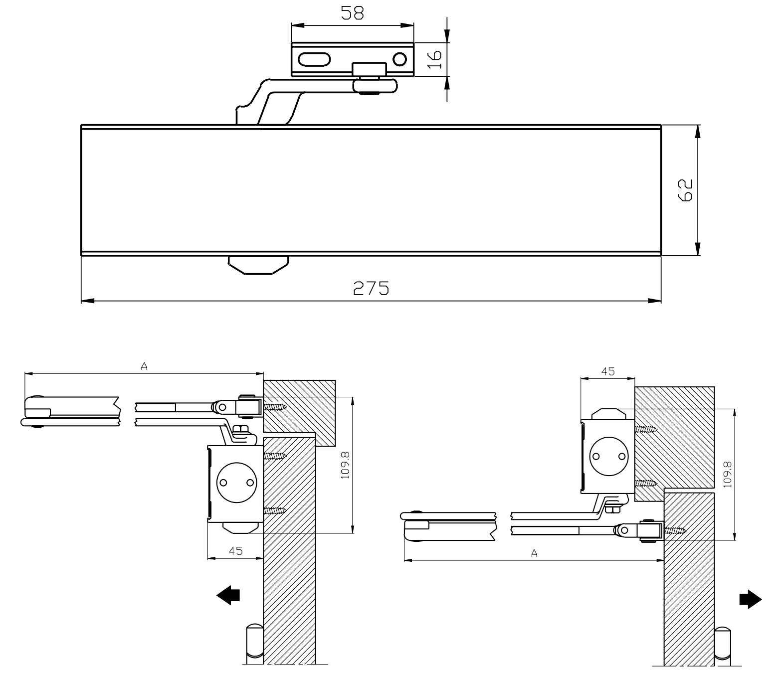 Kích thước sản phẩm | Thiết bị đóng cửa tự động lắp nổi DCL55 150kg không có chức năng giữ cửa màu bạc Hafele 931.84.769 Kích thước sản phẩm | Thiết bị đóng cửa tự động lắp nổi DCL55 150kg không có chức năng giữ cửa màu bạc Hafele 931.84.769